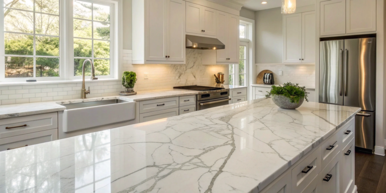 A new marble countertop in a modern kitchen after a successful installation.