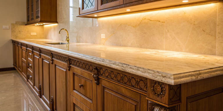 Modern kitchen with wood cabinets, marble countertops, and under-cabinet lighting.