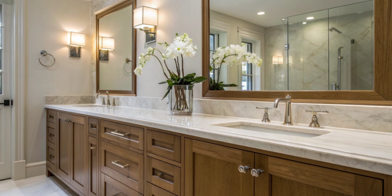 Custom wood bathroom vanity with a marble countertop and double sinks.