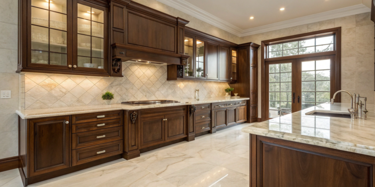 Custom kitchen cabinets with dark wood finish, marble countertops, and a modern design.