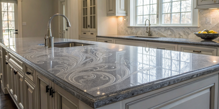 Polished gray granite countertops with natural patterns in a modern kitchen.