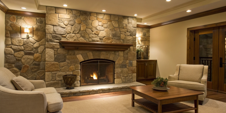 A natural stone fireplace surround with a wood mantel in a modern living room.