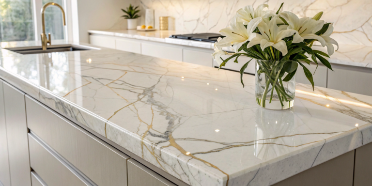 Taj Mahal quartzite countertops with gold veining in a modern kitchen.