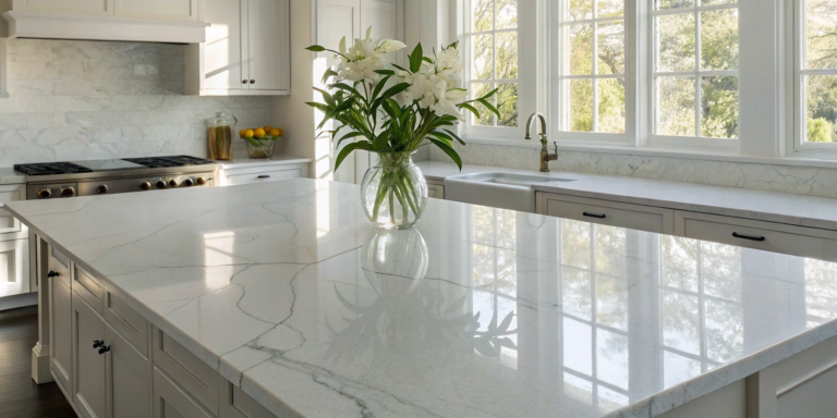 A bright, modern kitchen island topped with polished white quartz countertops.