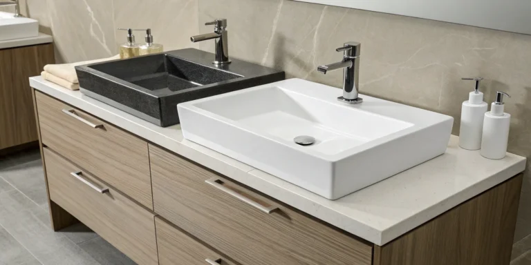 White bathroom vanity tops with integrated rectangular sinks and modern chrome faucets.