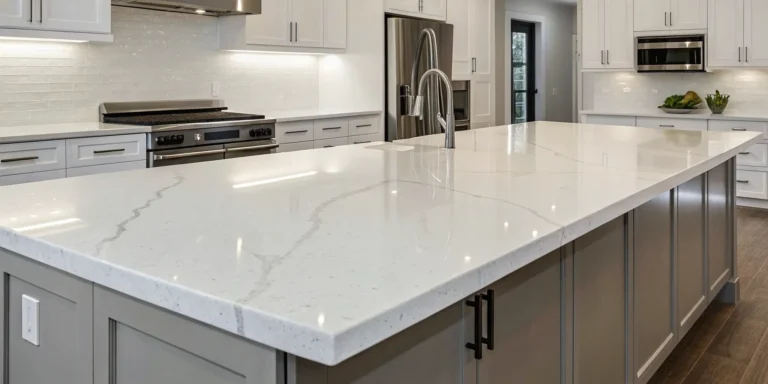 Engineered quartz countertops featured in a modern kitchen remodel.