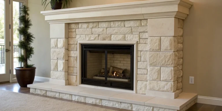 A modern fireplace featuring a natural stone surround of warm, beige stone blocks.
