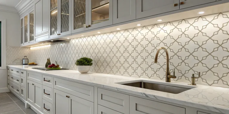 Modern kitchen featuring a marble countertop paired with a geometric tile backsplash.