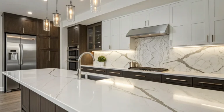 A modern kitchen with a white quartz backsplash and countertops against dark cabinets.