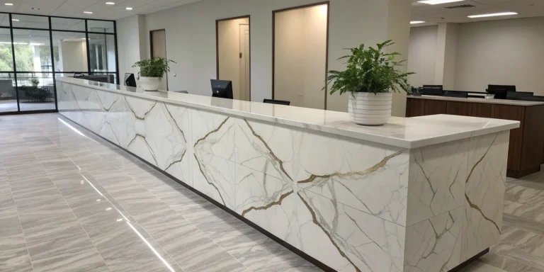 Custom quartzite countertops with white and gold veining in a modern office.