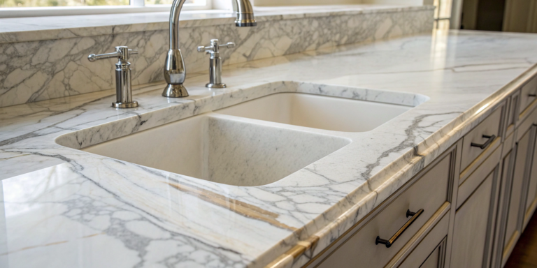 Undermount kitchen sink installation in a marble countertop with a modern faucet.