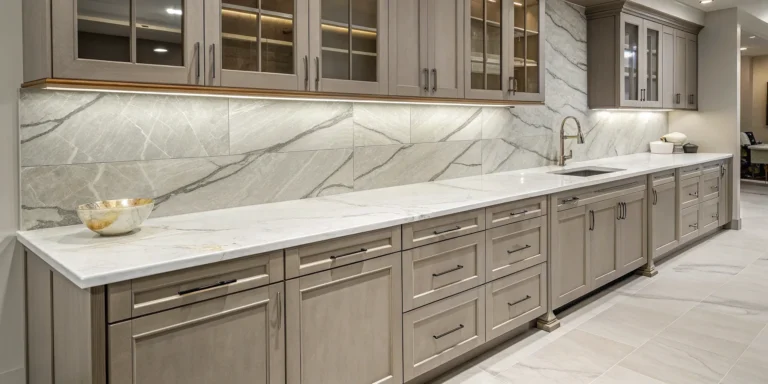 Light greige cabinets with Taj Mahal quartzite countertops and backsplash in a modern kitchen.