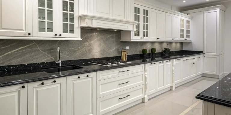 White kitchen cabinets paired with black granite countertops for a timeless, high-contrast look.