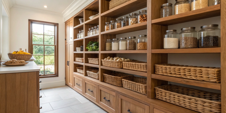 Organized custom kitchen pantry cabinets with open shelving, glass jars, and woven baskets.