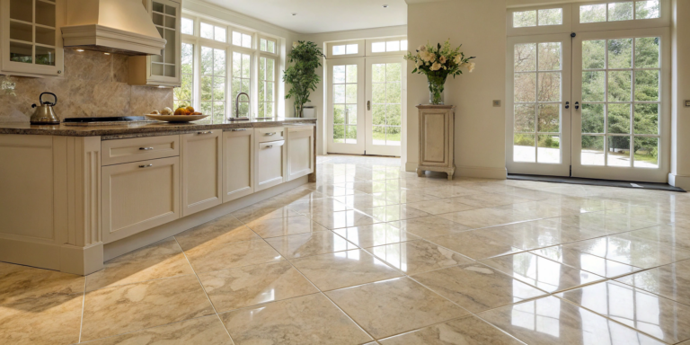 A professional porcelain tile flooring installation in a bright, modern kitchen.