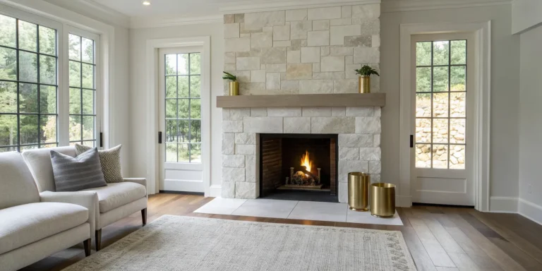 Floor-to-ceiling stone fireplace surround idea in a modern living room.