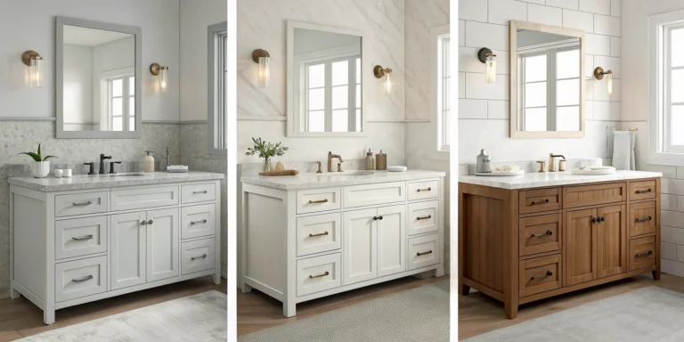 Stylish, inexpensive bathroom countertop options in white and wood finishes for a luxe look.