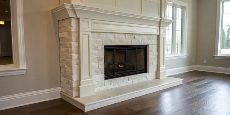 A light-colored stone veneer fireplace surround with an elegant mantel in a modern living room.