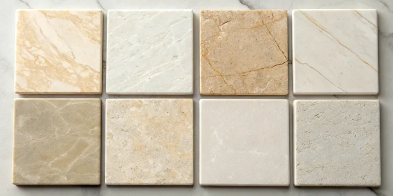 Popular Taj Mahal quartzite alternative countertop samples in various stones.