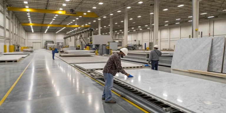 Workers inspecting a stone slab during the countertop fabrication and installation process.