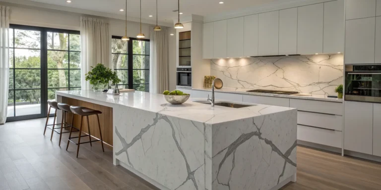 A large marble kitchen island countertop with a modern waterfall edge.