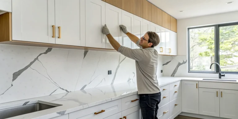A person installing a quartz backsplash on a kitchen wall.