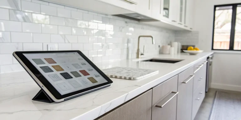 A tablet with a kitchen backsplash cost calculator open on a kitchen counter.