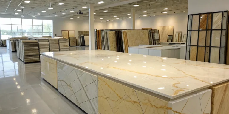 A polished Taj Mahal quartzite countertop, an expensive natural stone with warm, creamy veining.