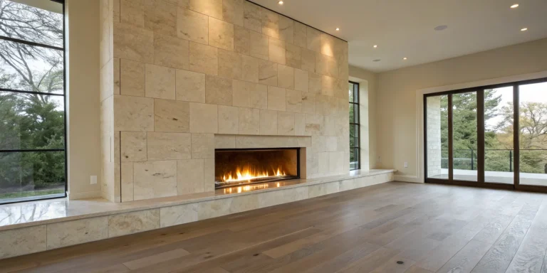 A modern limestone fireplace wall design with clean lines and a natural stone texture.