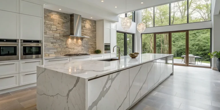 A modern kitchen highlighting the pros of choosing beautiful quartzite countertops.