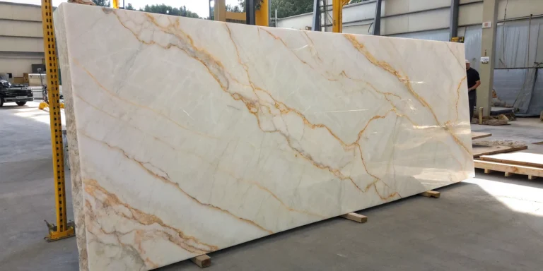 Taj Mahal quartzite slab with creamy and gold veining, a key factor in its cost per square foot.