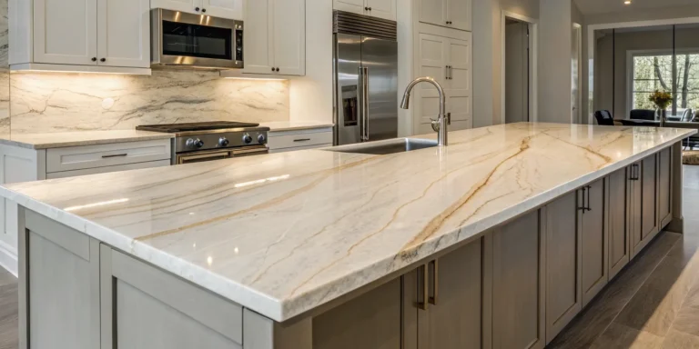 Taj Mahal quartzite countertops on a large kitchen island with white cabinets.