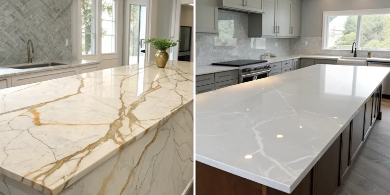 Taj Mahal quartzite vs a light gray quartz countertop in a modern kitchen.