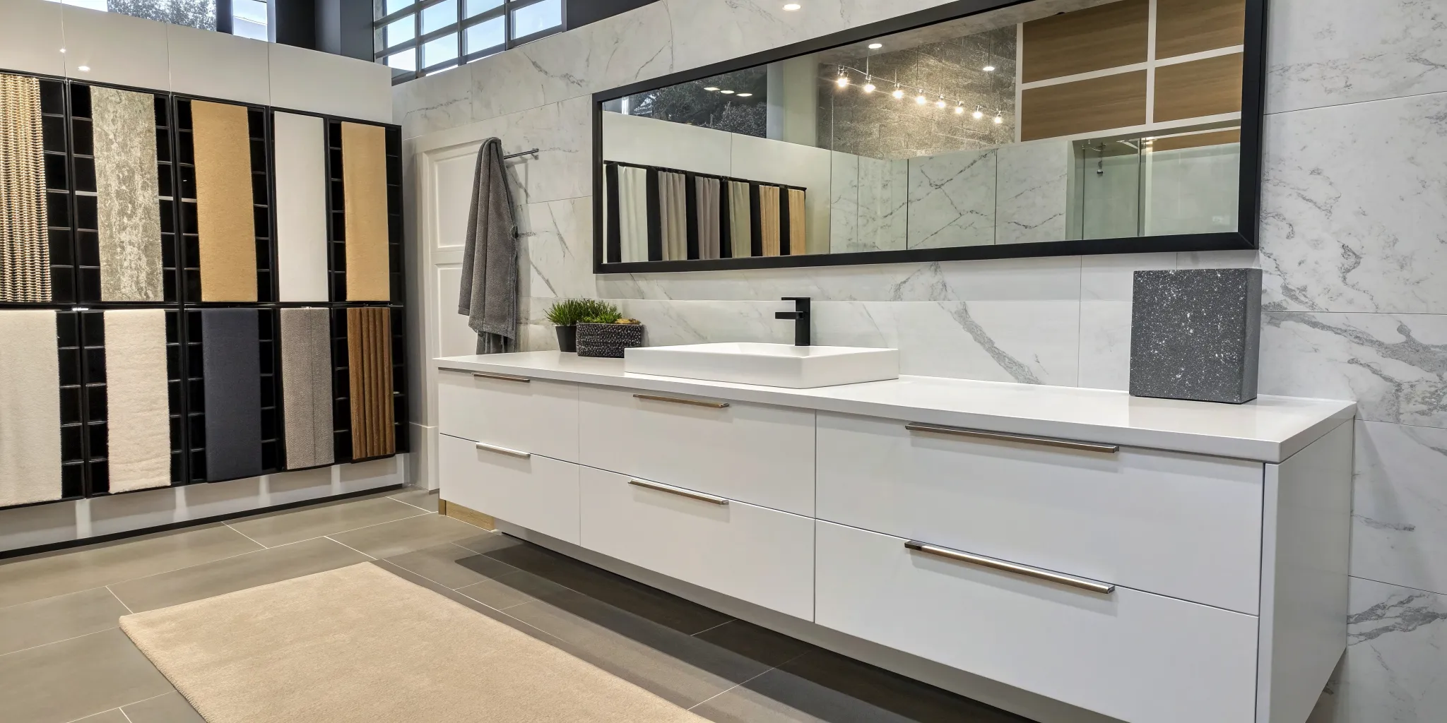 Bathroom surface samples for vanity and shower design planning