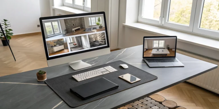 Planning a bathroom remodel with a vanity design tool on a laptop.