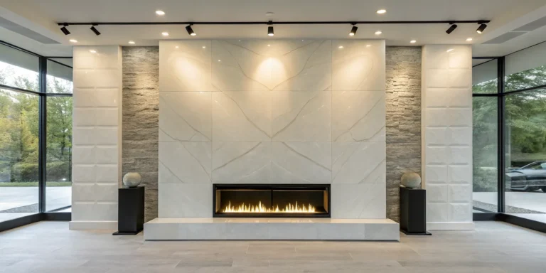 A modern fireplace surround featuring several types of stone, including slabs and tile.