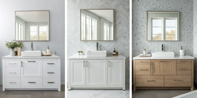 A budget-friendly bathroom vanity remodel with a white countertop and wood cabinets.