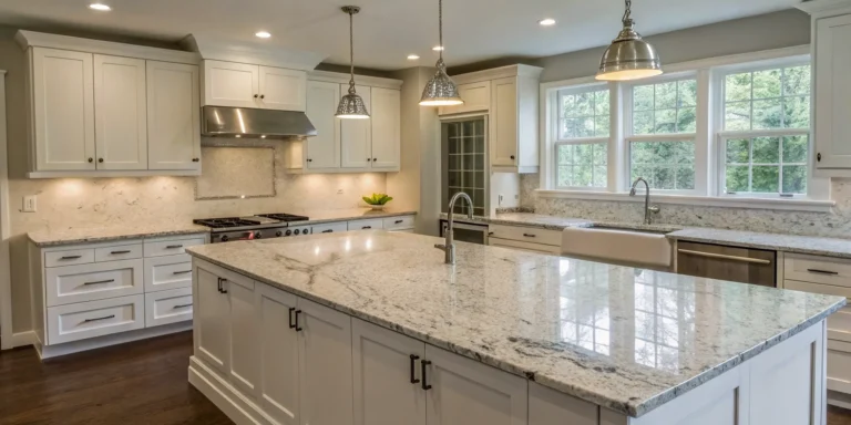Colonial white granite countertops in a modern kitchen with white cabinets and stainless steel fixtures.