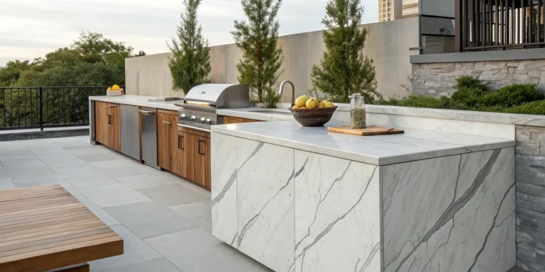 Natural stone outdoor countertops on a modern patio kitchen with stainless steel appliances.