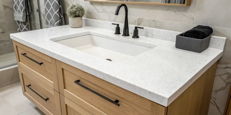 White quartz countertop replacement on a modern wood bathroom vanity with black fixtures.