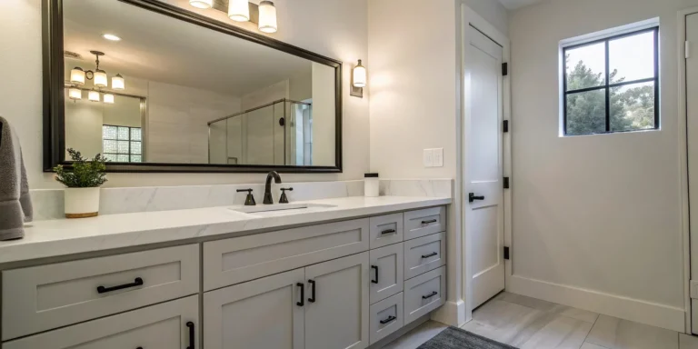 DIY bathroom vanity remodel with a white cabinet, marble countertop, and modern black hardware.