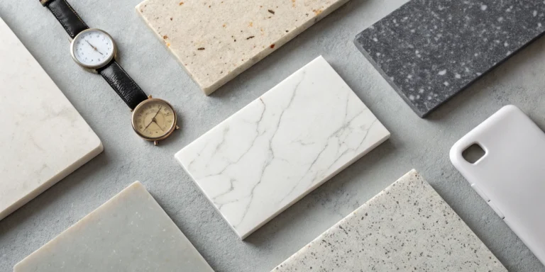 A selection of custom cut quartz samples in different colors and patterns.