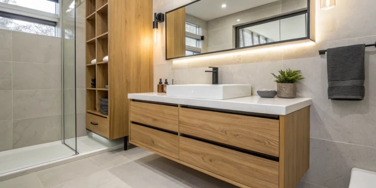 Floating custom vanity with a wood finish maximizing storage in a small bathroom.