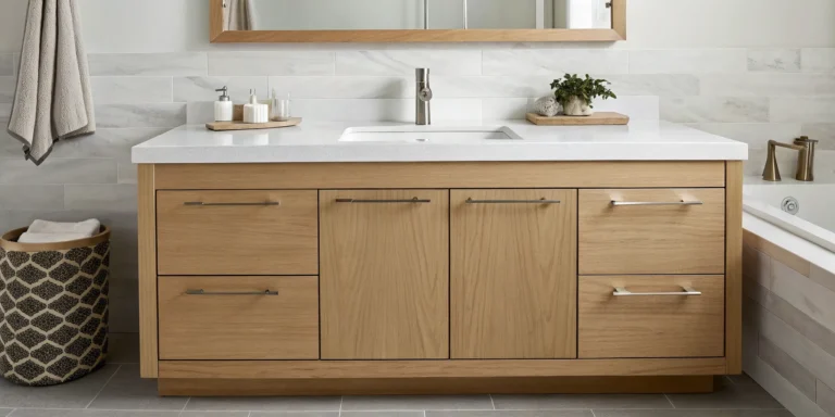 A new white bathroom countertop on a wood vanity, a key factor in how much it costs to replace.