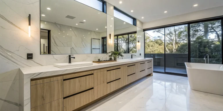 A long marble bathroom countertop without a sink on a modern wood vanity.