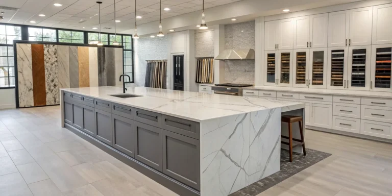 Various kitchen countertop samples like quartz and granite displayed on a showroom island.