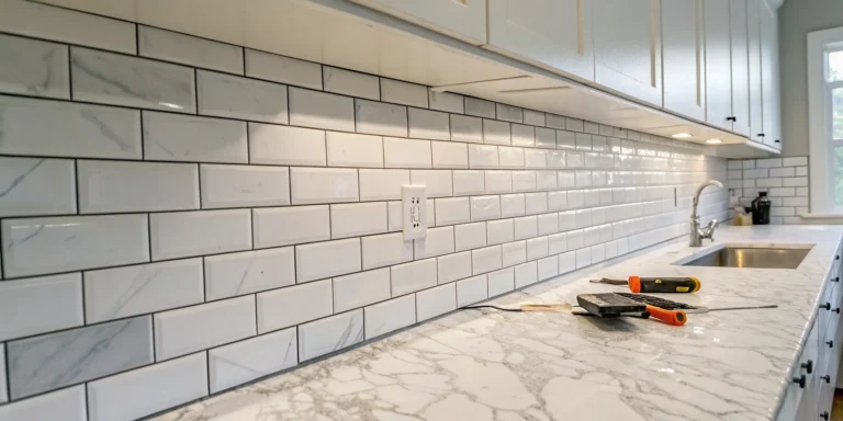 A kitchen tile backsplash installation in progress, with tools resting on the countertop.