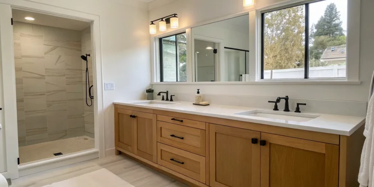 A remodeled bathroom vanity with modern wood cabinets and a white countertop after a successful DIY project.