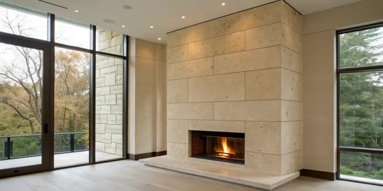 A modern limestone fireplace surround with clean lines in a bright, minimalist living room.