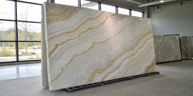 A full Taj Mahal quartzite slab with the unique veining that determines its price.